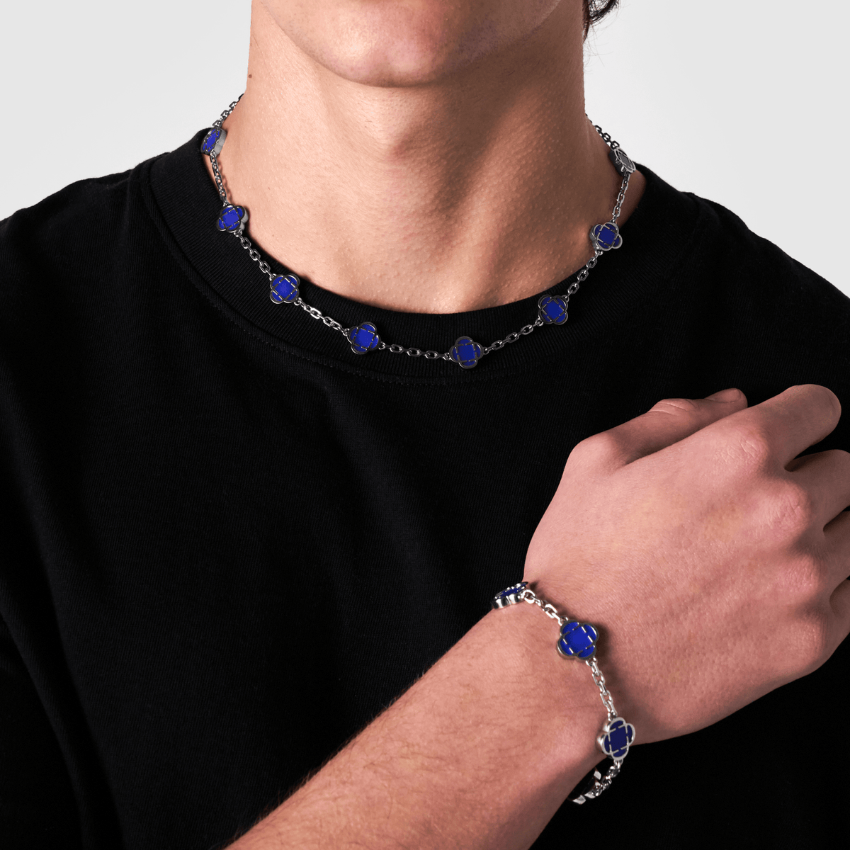 Blue Clover Stone Necklace (Silver)