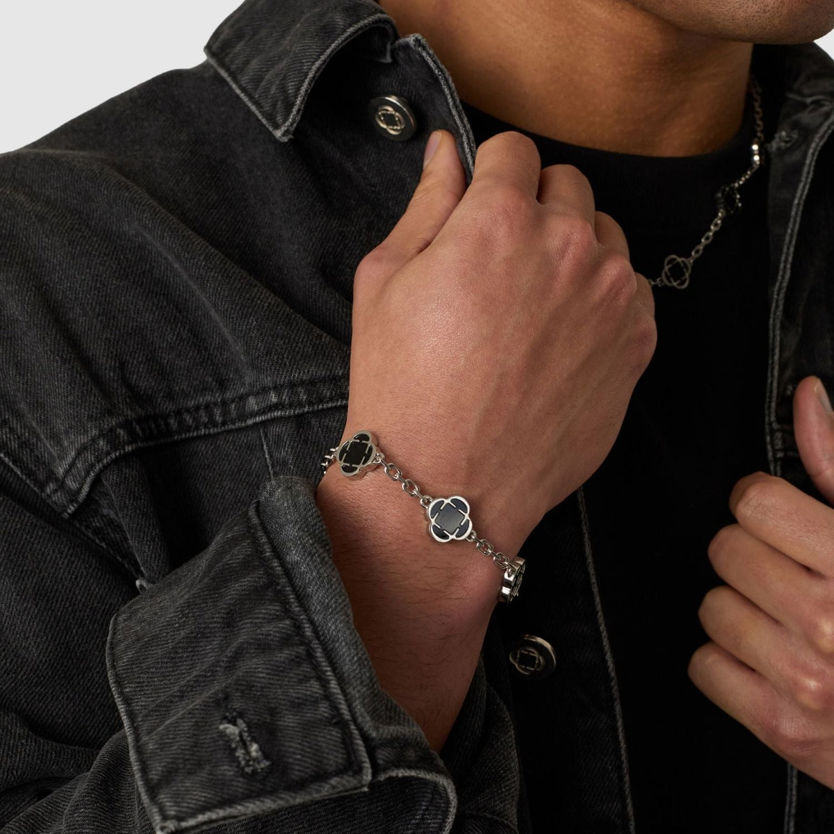 Onyx Clover Stone Bracelet (Silver)
