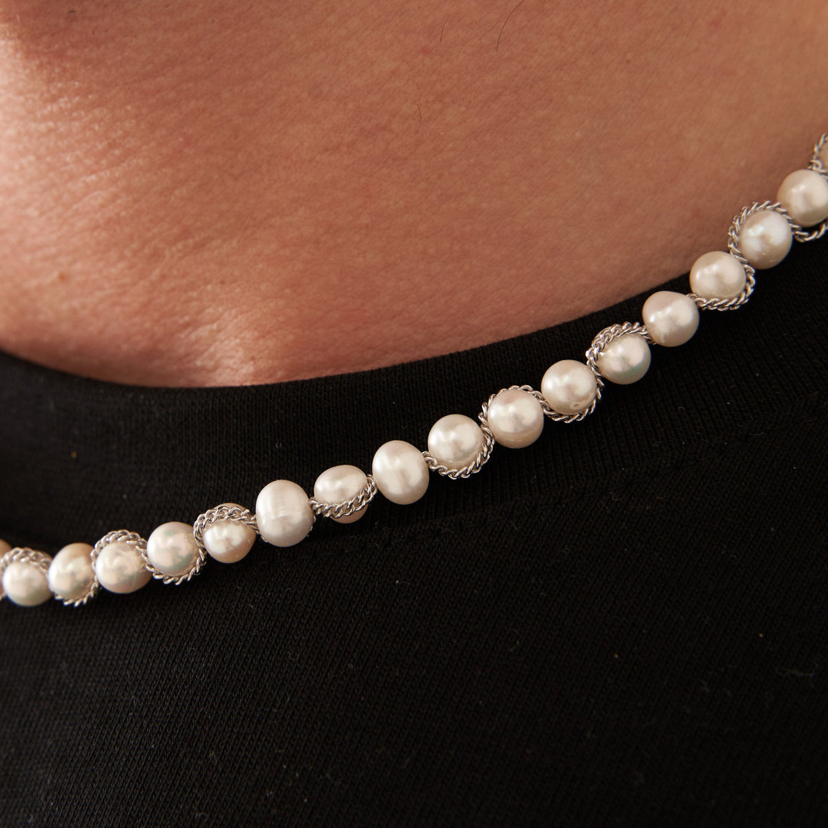 Chain Wrap Real Pearl Necklace (Silver)