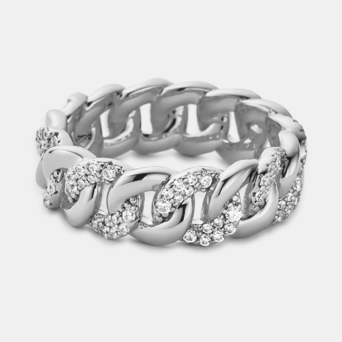 Half Iced Cuban Band Ring (Silver) 8mm